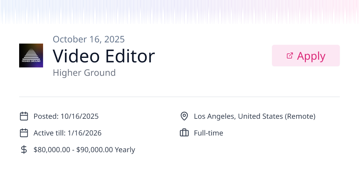 Video Editor position at Higher Ground